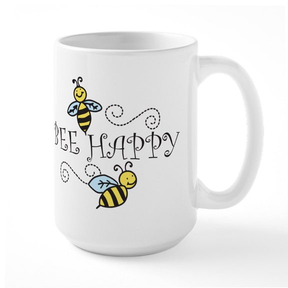 CafePress - Bee Happy Large Mug - 15 oz Ceramic Large White Novelty Mug