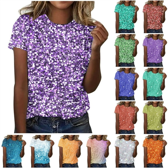 QATAINLAV Glitter Graphic Print Tops for Women Loose Casual Crewneck Short Sleeve Tshirt Plus Size Cotton Basic Tees, Yellow, S