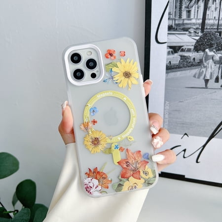 Magnetic Case for iPhone 13 Pro Max, Translucent TPU Flower Pattern Cases [Compatible with Magsafe] & Wireless Charging Slim Fit Shockproof Phone Case Cover for iPhone 13 Pro Max, Yellow