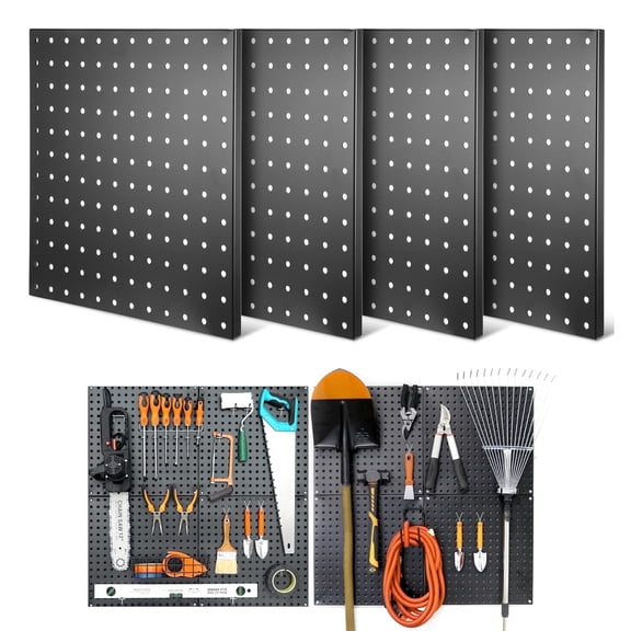 Gomok 4 pack Metal Pegboard Wall Organizer, 12"x12" Tool Organizer Pegboard Panels, Heavy Duty Peg Board Kit for Garage, Workshop, Office, Black