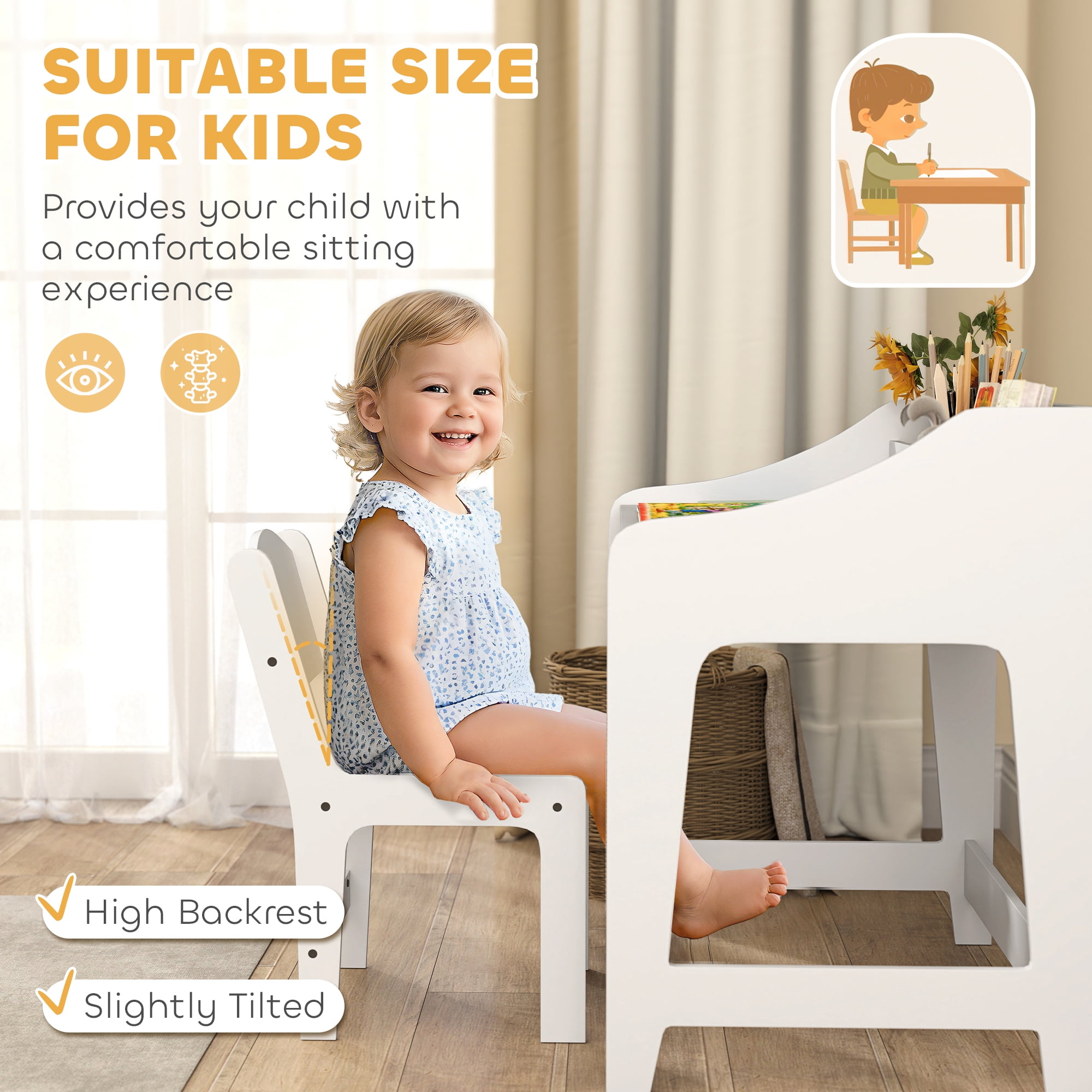 Qaba Kids Desk and Chair Set, Children Study Table with Storage Shelves, Student Writing Desk for Bedroom & Study Room, 3-8 Years Old, White