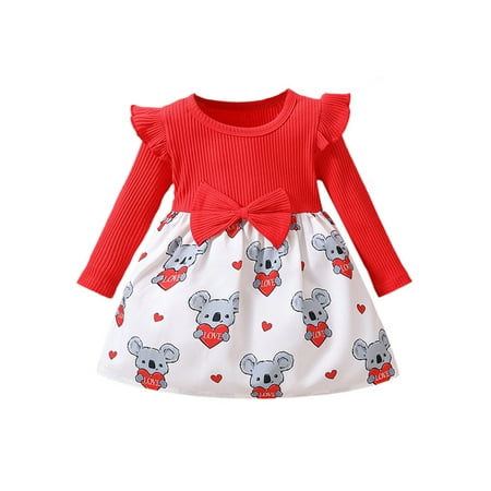 

Glookwis Girls Dresses Cartoon Print Party Dress Long Sleeve Holiday Casual Crew Neck Red 90cm