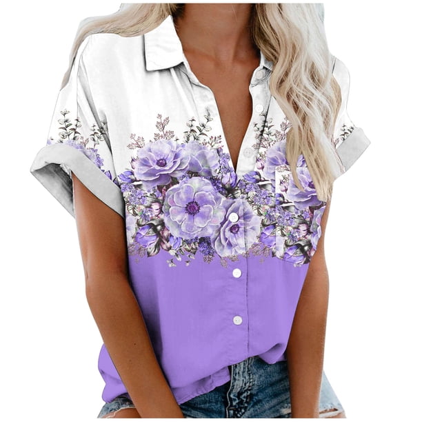 Mujeres Pantalones Cortos Impresos Manga Corta con Cuello en V Blusa Superior, Casual Y Elegante Corto para las Mujeres Verano Casual