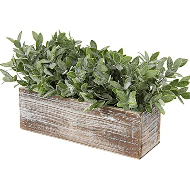 Artificial Greenery Plants in Rustic Wood Planter Box Frosted Fake