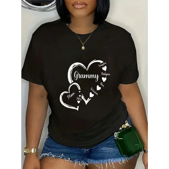 Stylish Women's Personalized Grammy Mom Heart T-Shirt, Custom Family Names Grandparent Mother's Day Gift, Comfy Casual Short Sleeve Graphic Tee