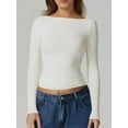 thumbnail image 3 of Womens Crewneck Long Sleeve Shirt Double Lined Basic Tees Side Ruched Going Out Crop Tops White S, 3 of 5