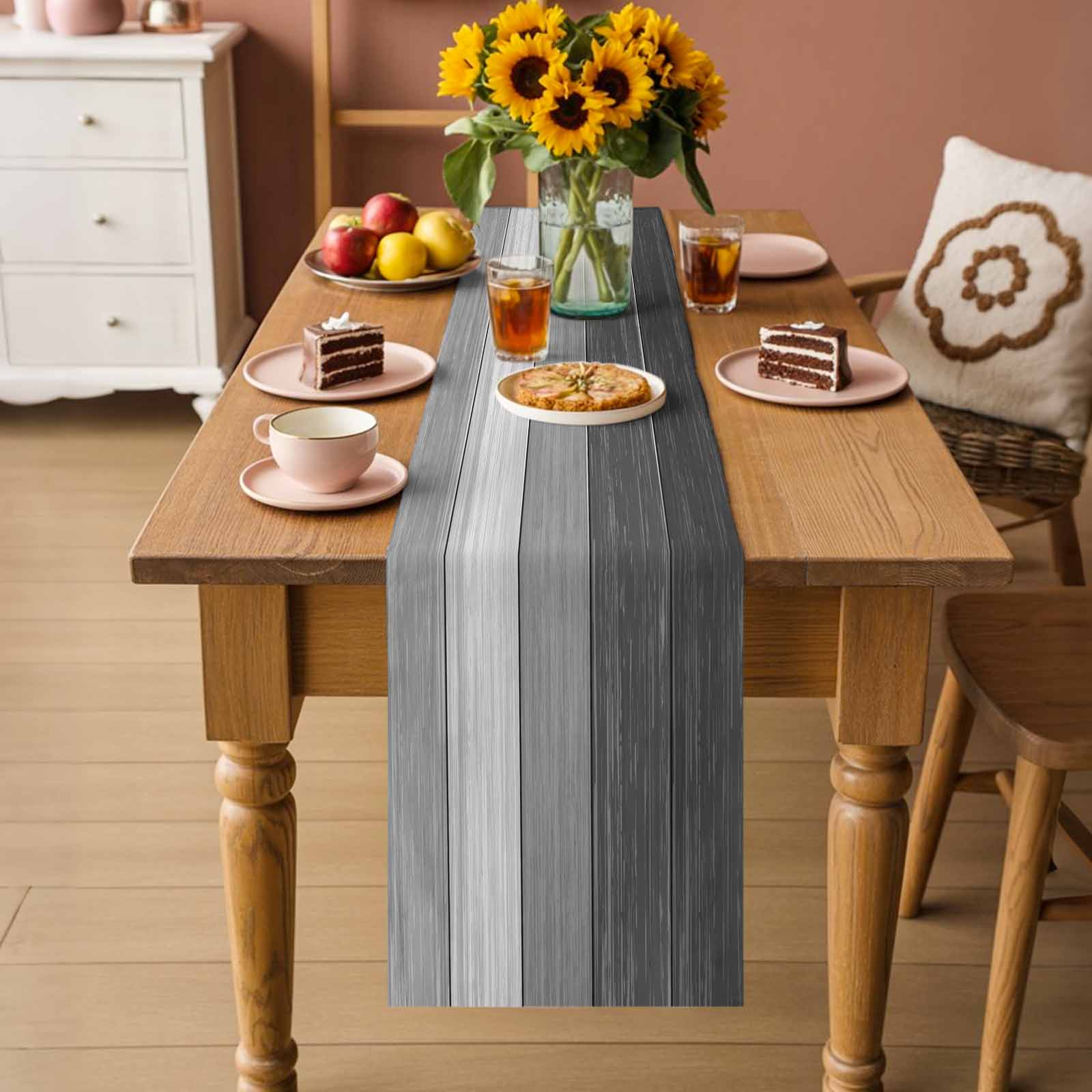 Grey Ombre Table Runner 72 Inches, Farmhouse Vintage Wooden Grain Texture Bed Runner Dresser Scarves Tabletop for Indoor Outdoor Parties/Ceremony/Banquet, 18" x 72"