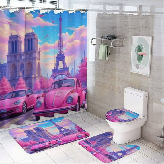 Pink Cars in Paris Shower Curtain Waterproof Bathroom Curtain Set with Hooks Home Decor Bathroom Curtains 4pcs