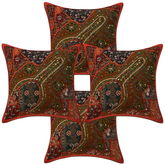 Stylo Culture Ethnic Cotton Living Room Throw Pillow Sham Covers Orange 16 x 16 Bohemian Beaded Sequins Patchwork Embroidered Couch Cushion Covers 40x40 cm Home Decor Square Pillow Cases | Set Of 4