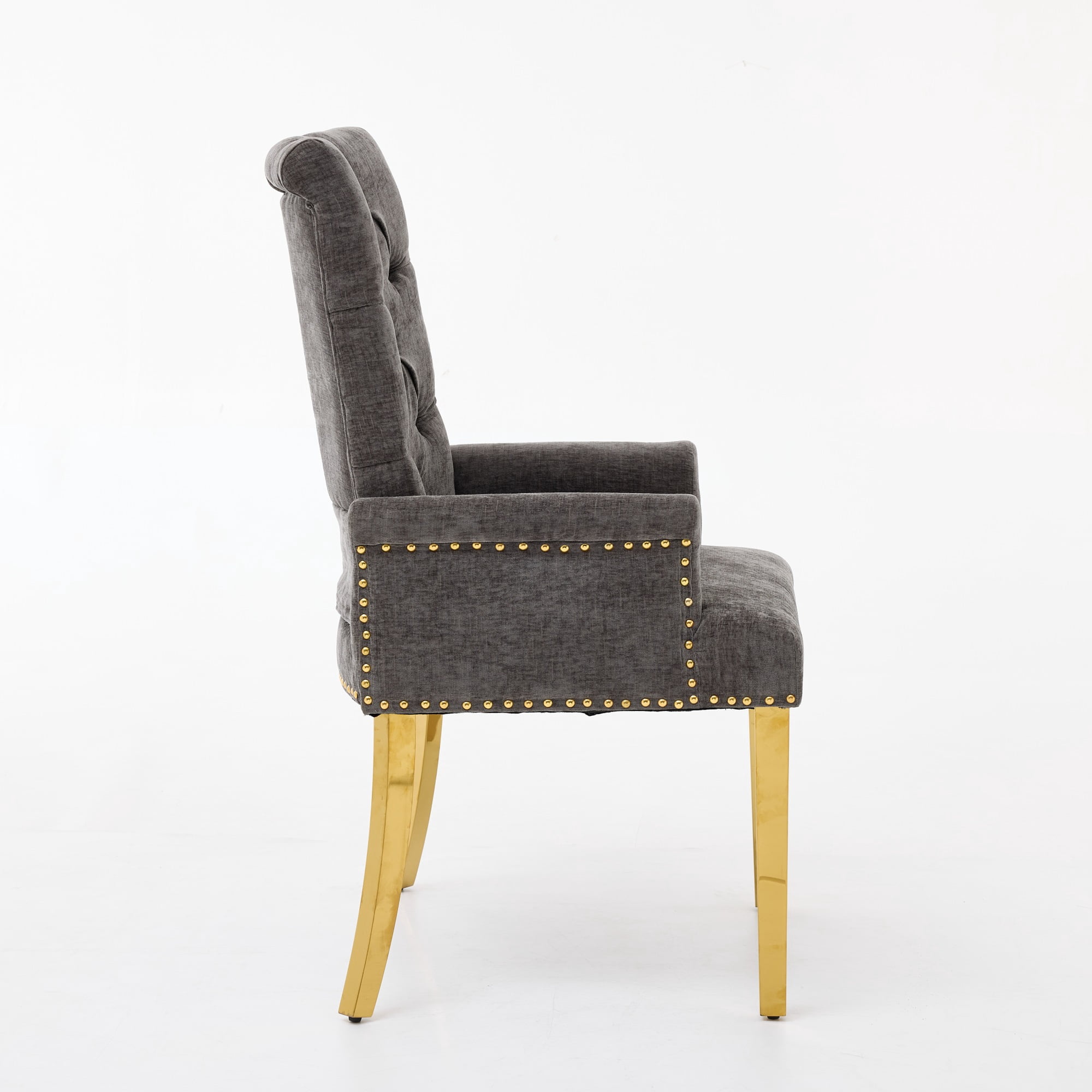 GARITIN Upholstered Dining Chair with Arms, Tufted Button High Back Accent Chair with Nailhead Trim and Stainless Steel Legs, Gray