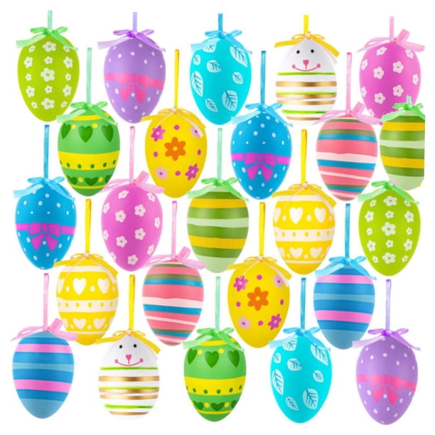 24 huevos de Pascua colgantes, adornos de Pascua coloridos con cinta. A