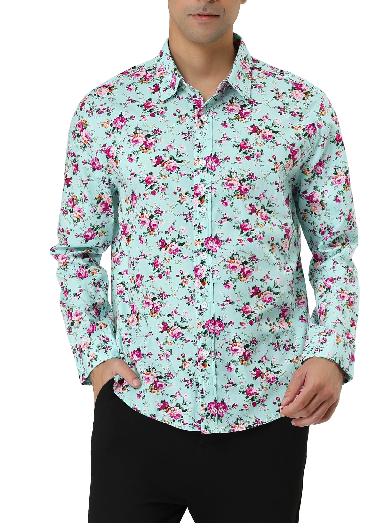 Lars Amadeus Men Floral Button Down Long Sleeve Aloha Hawaiian Palm Flower Printed Shirt