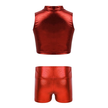 vastwit Girls Shiny Metallic Dance Gym Workout Outfits Mock Neck Tank Top and High Waist Shorts Bottoms Set Red 8