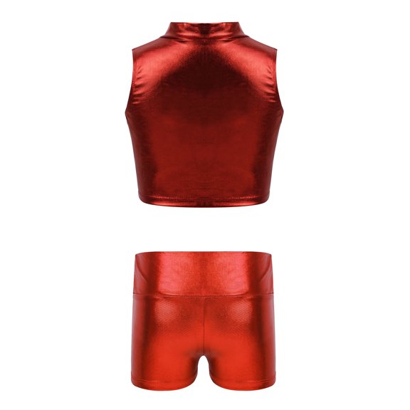 vastwit Girls Shiny Metallic Dance Gym Workout Outfits Mock Neck Tank Top and High Waist Shorts Bottoms Set Red 16