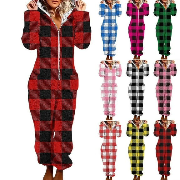 YOIAVAIOY Womens Winter Fleece Jumpsuits Fuzzy Sherpa Hooded One Piece Plaid Flannel Sleepwear Warm Winter Loungewear RedM