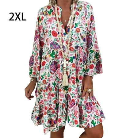 

BESTHUA Women＇s Dress Floral V-neck Ladies＇ Flared Sleeve Skirt