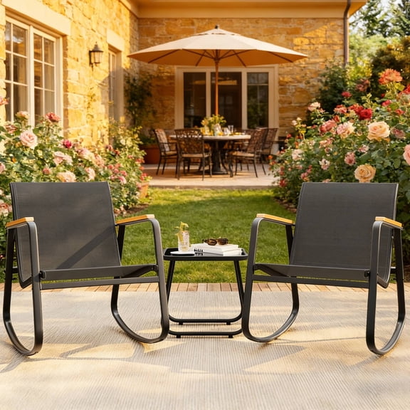 Lofka 3 Piece Patio Furniture Set, Outdoor Rocking Chair Set with Side Table, Black