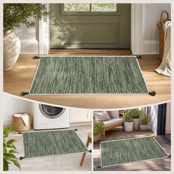 Washable Rug Outdoor Front Door Entryway Welcome Doormats, Green Boho Tassel Floor Mat for Home Indoor Outdoor Rugs, 23.62x15.75inch