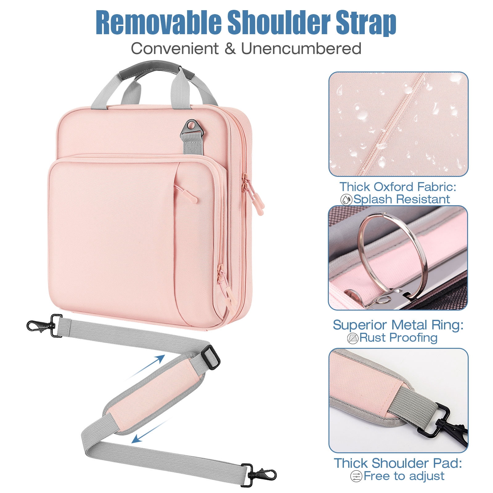 MoKo Zipper Binder with Strap Handle, 2 inch 3 Ring 500 Sheet Capacity Multi-Pockets Binder Organizer, School Office Supplies, Pink