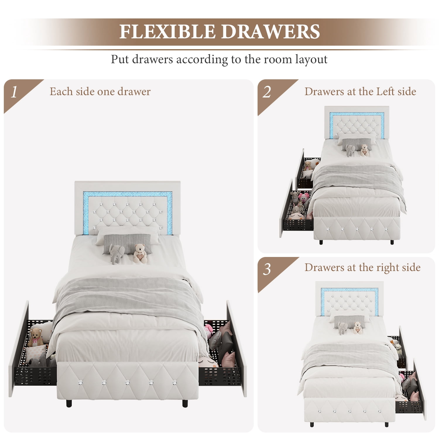 4 Ever Winner Twin Size Upholstered Bed Frame with LED Light, 2 Drawers, Diamond Tufted Headboard, White