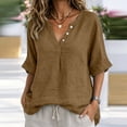 thumbnail image 2 of CaComMARK PI Linen Shirts for Women V Neck 3/4 Sleeve Loose Fit Cotton Tops Button Down Casual Dressy Clothes for Summer Coffee, 2 of 7