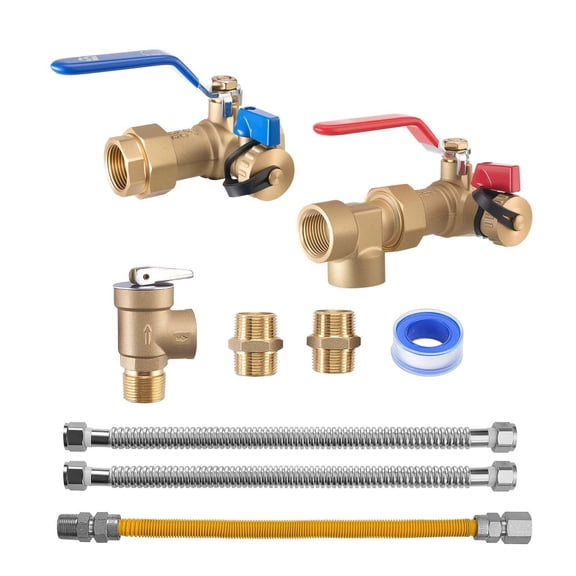 3/4 Inch Water Heater Repair Kit with 600 WOG Valves Pressure Relief Valve Gas Hose for Tankless Heaters
