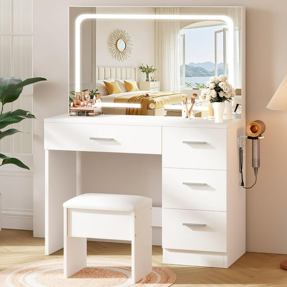 Small Vanity Desk with LED Lighted Mirror & Power Outlet,Makeup Vanity Table, White