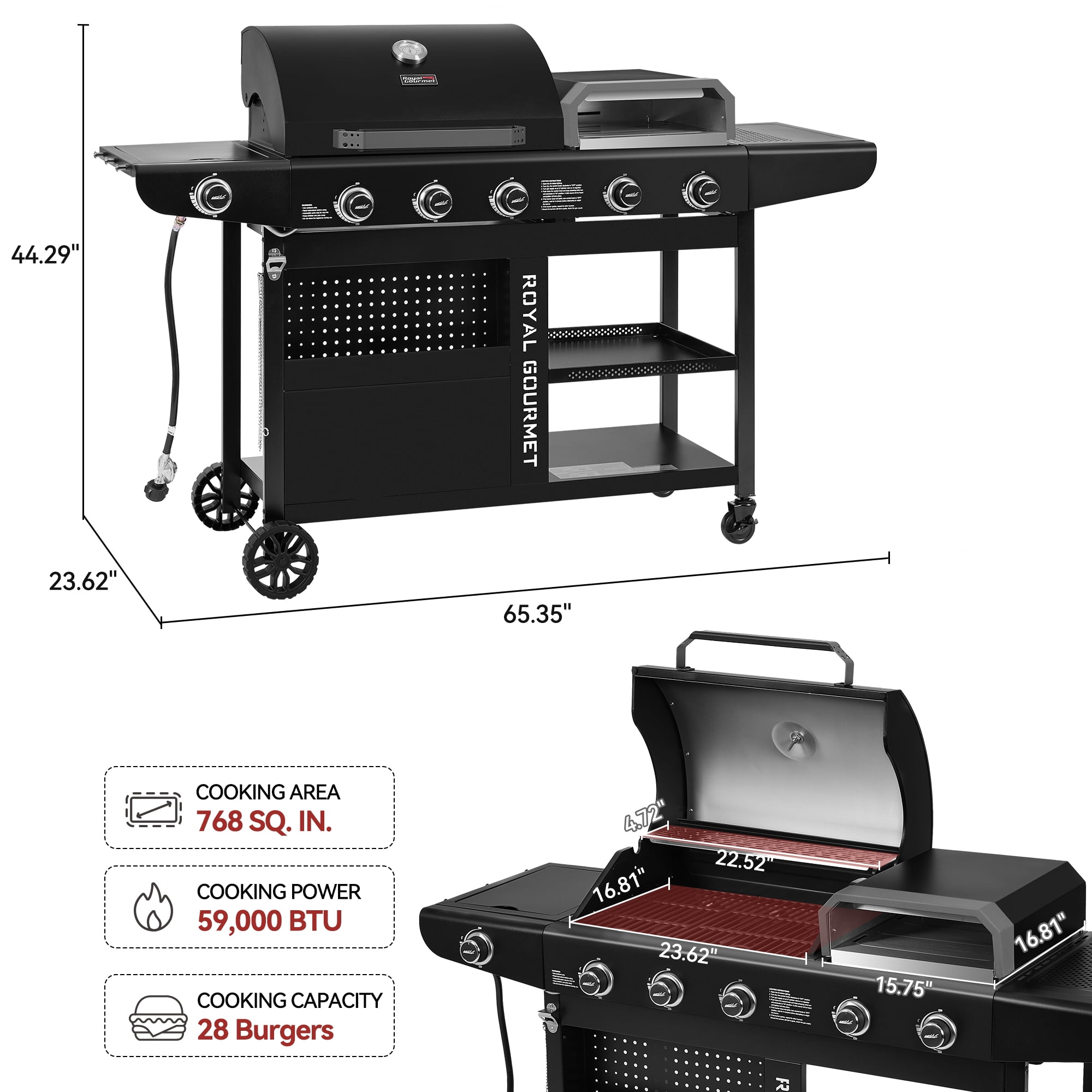 Royal Gourmet ZH3004H Premium Gas Grill and Pizza Oven Combo with Side Burner, 59,000 BTU, Two Swivel Wheels with Brakes, Perfect for Patio and Outdoor Parties, Black