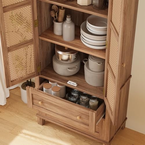EastVita High Freestanding Tall Kitchen Pantry, Kitchen Pantry Storage Cabinet with Rattan Doors, Adjustable Shelf and 2 Drawers for Living Room, Kitchen, Walnut