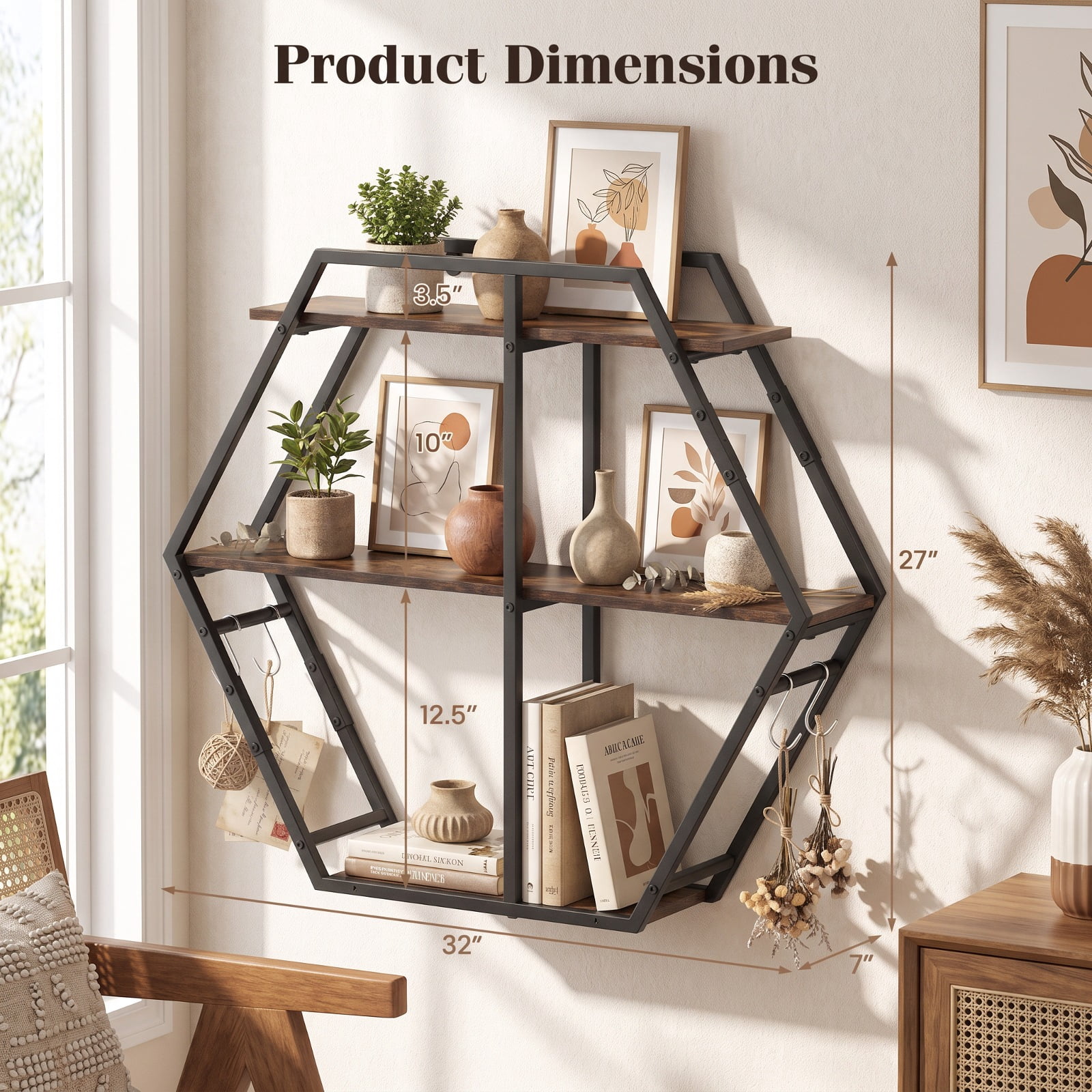 Furnibear 3-Tier Geometric Bookcase with S-Shaped Hooks for Living Room for Living Room Home Office Bedroom Display Storage Shelf, Rustic Brown