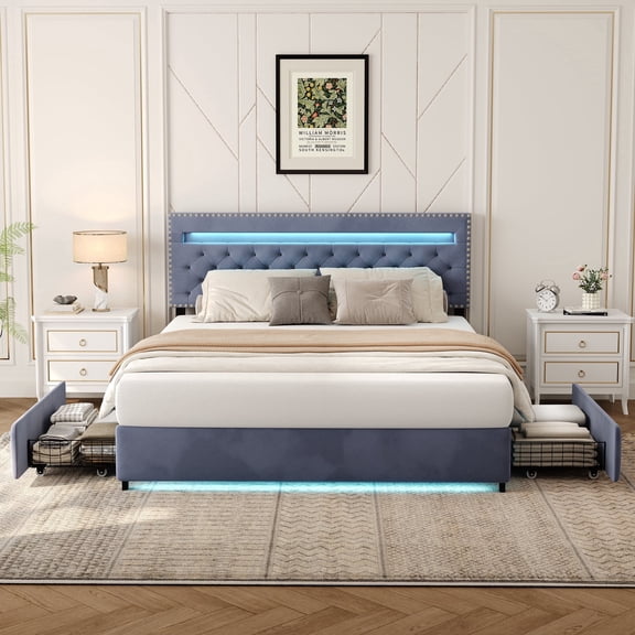 Sailvan Full Size Bed Frame With Headboard, Full Bed Frame with Storage 2 Drawers & LED Lights, Velvet Upholstered Bedframe, No Box Spring Needed, Gray