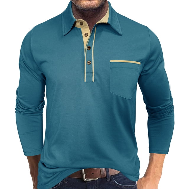 pstuiky camisa de manga larga para hombre, Camiseta informal de manga larga con botones y retazos para hombre camisetas de hombre m