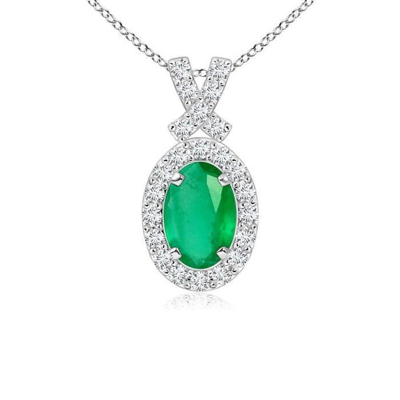 ANGARA Natural Vintage Style Emerald Pendant with Diamond Halo in 14K White Gold for Women (Size-6x4mm) | May Birthstone, Birthday, Anniversary, Jewelry Gift for Women | Natural Emerald Necklace