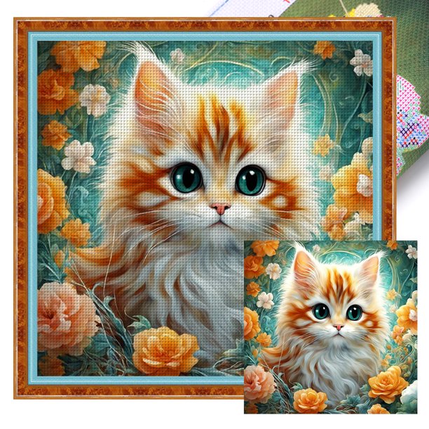 (18CTAFF-1025__C__35X35) Hilo algodón ecológico bordado 18CT 2 hebras impresión 35*35cm kit serie punto cruz flores y gatos