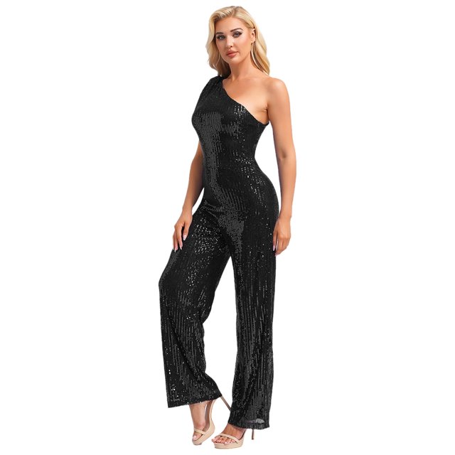 Xnihocha Combinaison Sans Manches pour Femmes une Épaule Robe de Soirée à Sequins Robe de Soirée Noire 3TG