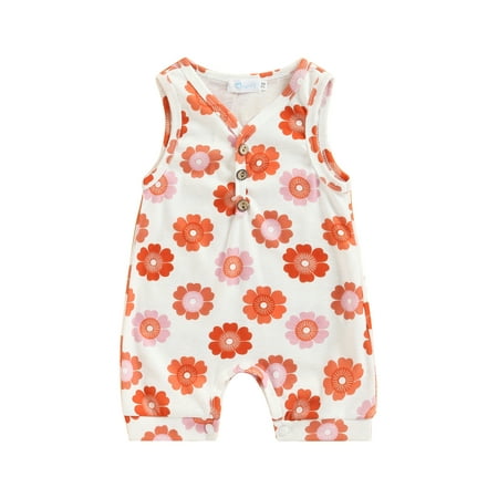 

Suanret Toddler Infant Baby Girls Boys Summer Jumpsuit Sleeveless V Neck Sun Floral Print Button Romper Bodysuit White Flower 12-24 Months