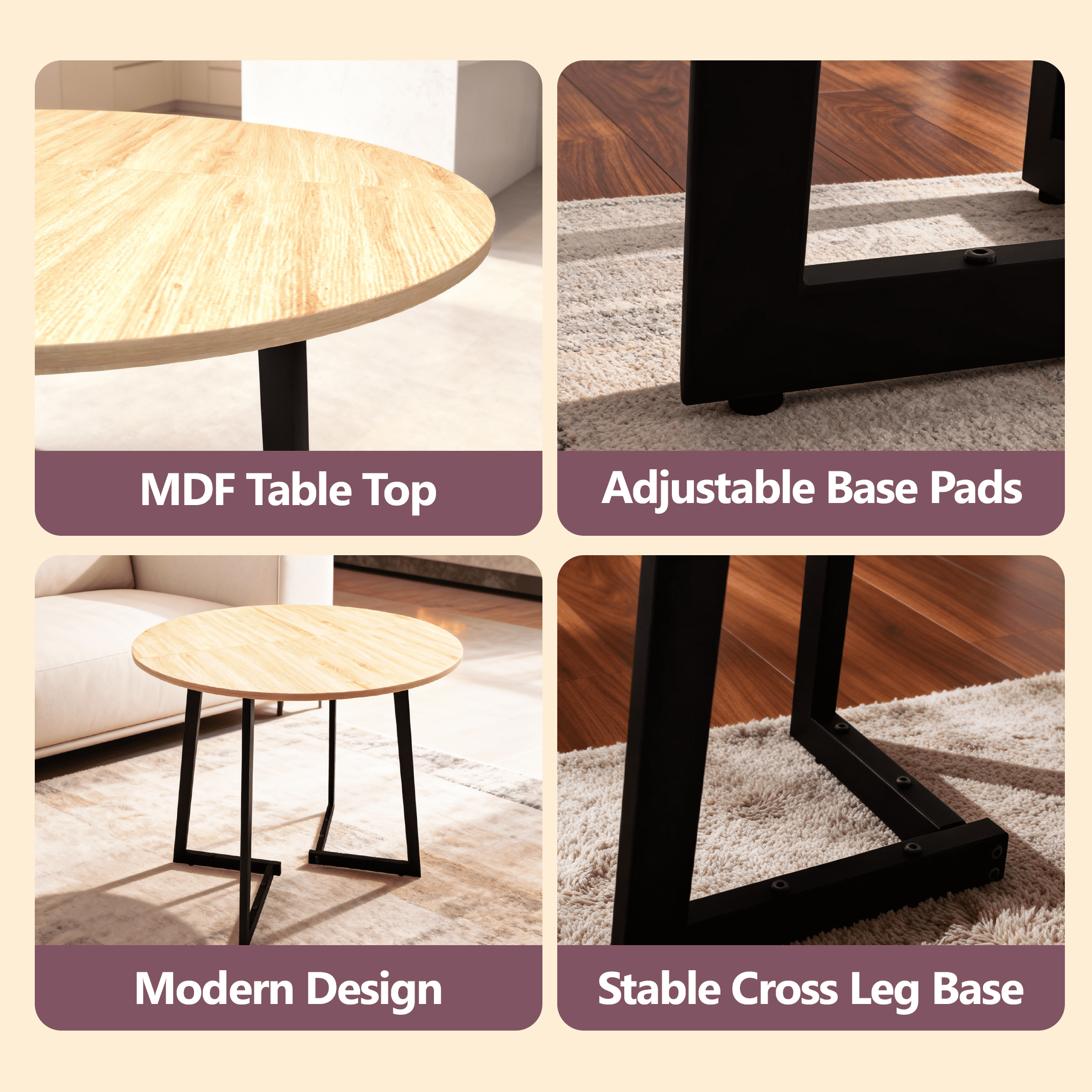 35.43 Inch Half Split Round Dining Table for 4-5 People, Industrial V-Shaped Bend Metal Legs Space Saving Small Kitchen Dinner Table for Apartment, Light Wood Grain