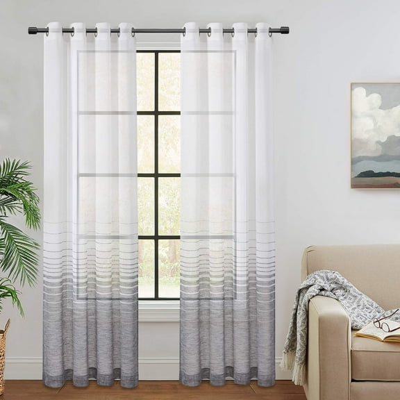 White Grey Ombre Striped Sheer Curtains Textured Window Eyelet Voile Curtain Grommet Semi Transparent Window Treatment for Bedroom Living Room, 52 x 63 Inch, 2 Panels, Grey