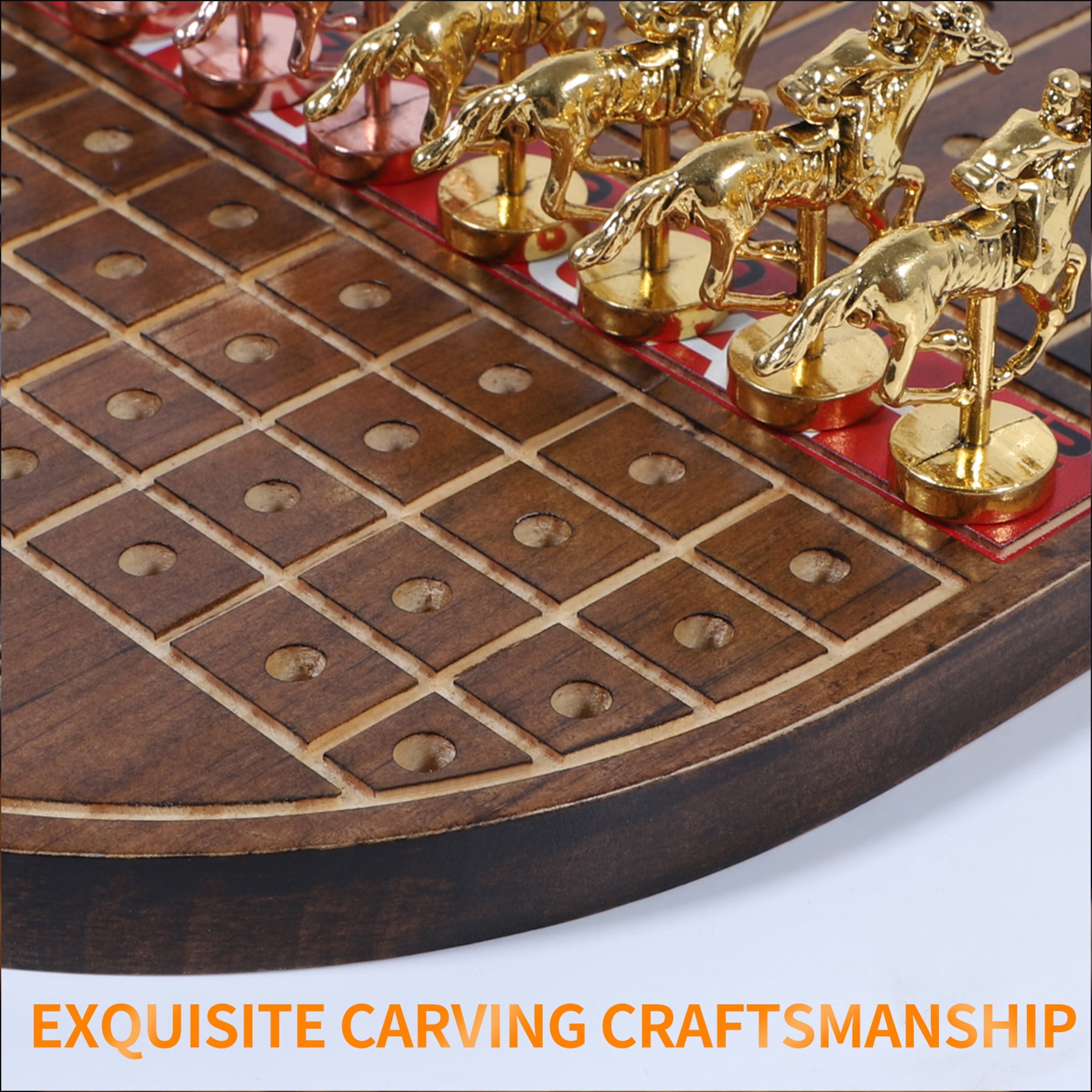 Grhonior Horse Race Board Game Solid Wood with 11 Metal Horses, 4 Dice & 2 Card Decks (Rustic Brown)