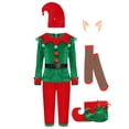 thumbnail image 3 of Conjunto de disfraz de elfo de Navidad para niños, camiseta con pantalones, sombrero, cinturón con orejas de elfo de silicona, medias y fundas para zapatos, 7 Uds., 3 of 5