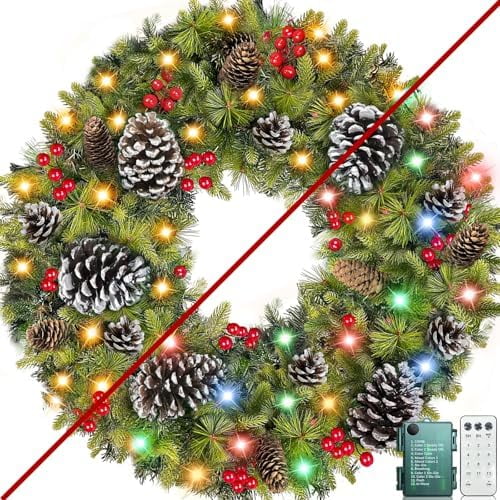 Remote Control - 30 Inch Super Large Thick Prelit Christmas Wreath for Front Door 70 Warm White & Colorful Lights Timer 12 Mode Realistic-Feel 280 Tip 17 Pinecone 60 Red Berry Outdoor Christmas Wreath