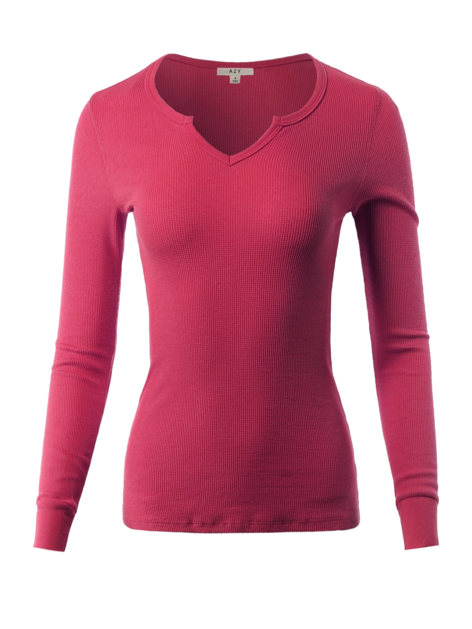 A2Y - A2Y Women's Fitted Notched Neck Long Sleeve Thermal Knit Top Hot