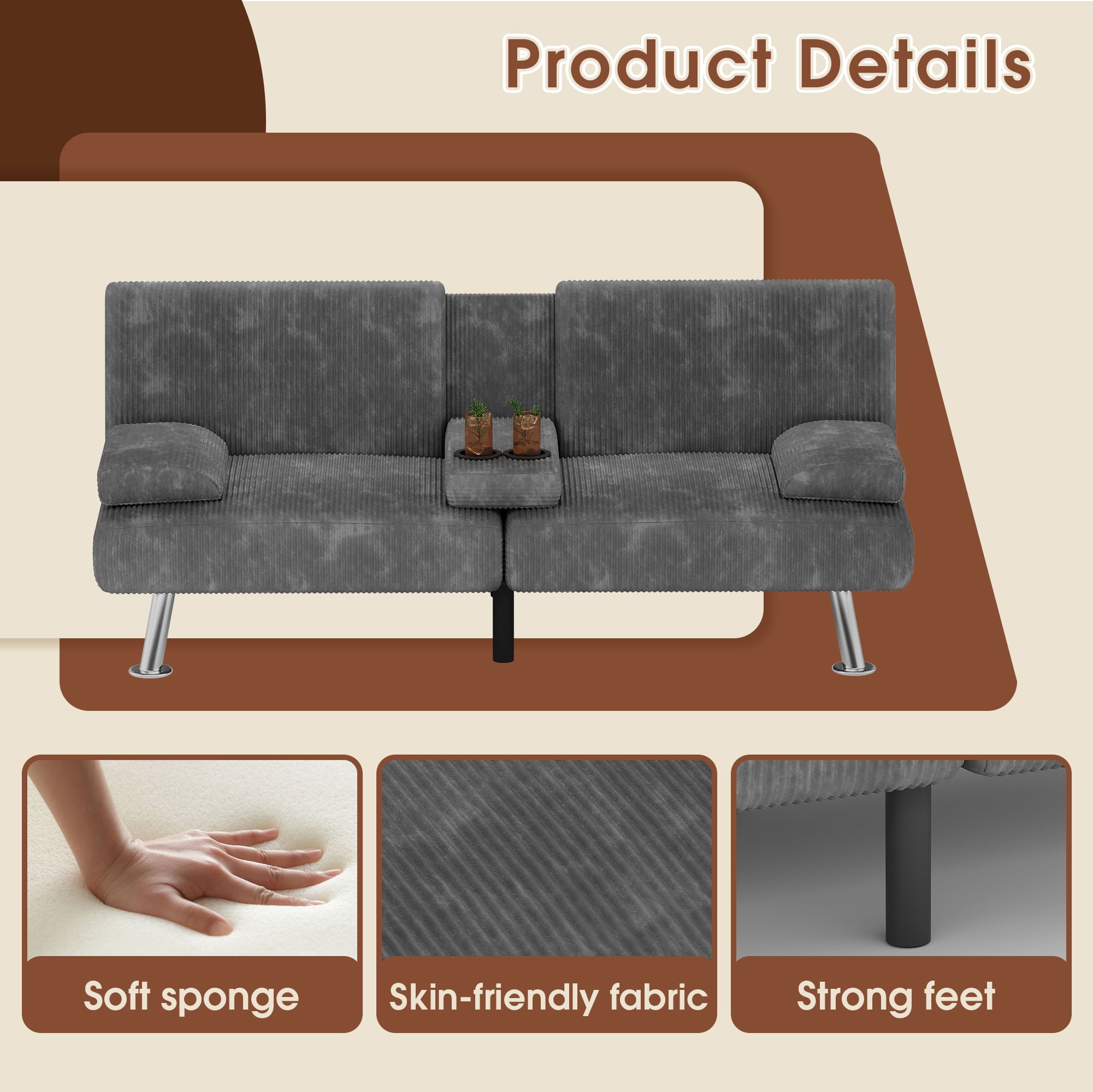 Homall Futon Sofa Bed with Armrests and Cup Holders,Adjustable Backrest Angles,Convertible bed,Gray