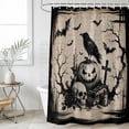 thumbnail image 2 of Small Stall Shower Curtain 36x78 Inch Narrow Half Size Halloween Bath Curtains Bathroom Decor, Fall Spooky Skulls Pumpkins Black Crow Bats Beige Waterproof Shower Curtain Set with Hooks 36 Inch, 2 of 7