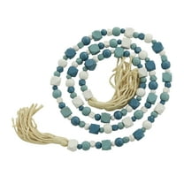 DecMode Blue Wood Bohemian Garland Décor with Geometric Bead Details and Cream Cotton Tassel, 81"L