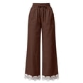 thumbnail image 4 of Women Straight Leg Pants with Lace Hem Trim, Elastic Drawstring Waist Casual Long Trousers with Pockets, Solid Loose Daily Pants for Vacation Brown L(L), 4 of 7