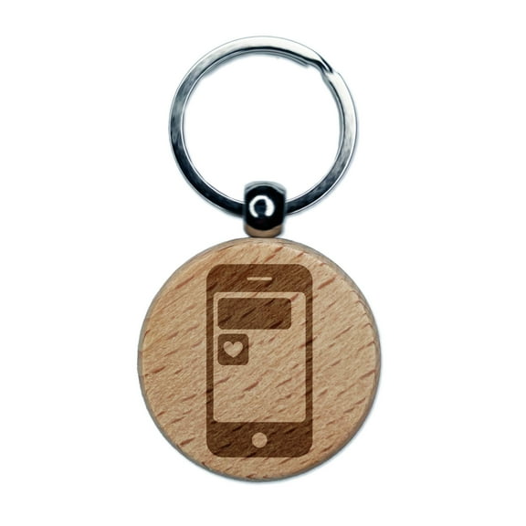Mobile Tablet Phone Heart Text Message Round Keychain Charm Tag - Engraved Wood