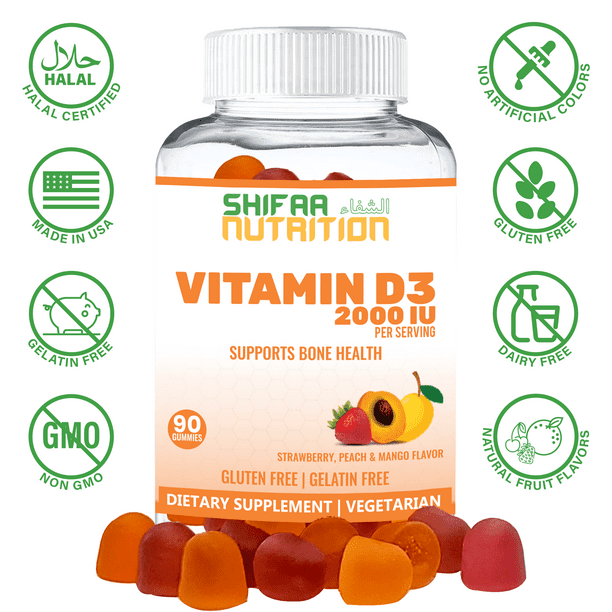 SHIFAA NUTRITION Halal Vitamin D3 Gummies, 2000 IU Healthy Bones