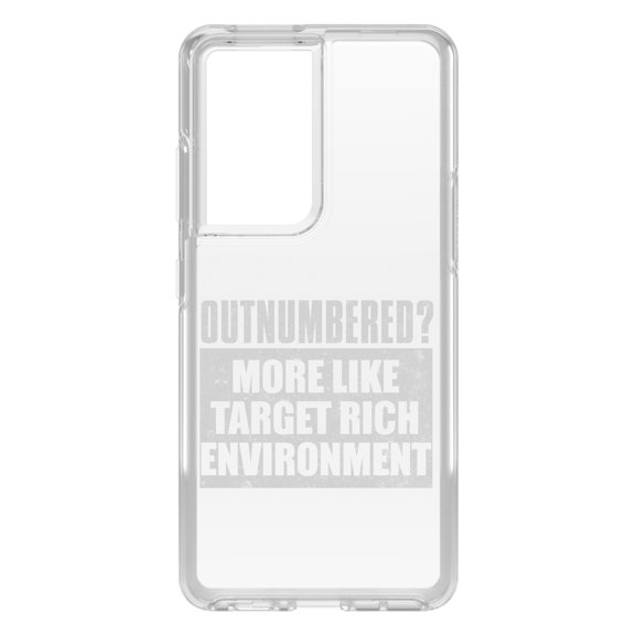 DistinctInk Clear Shockproof Hybrid Case for Galaxy S21 ULTRA 5G (6.8" Screen) - TPU Bumper Acrylic Back Tempered Glass Screen Protector - Outnumbered? Target Rich Environment