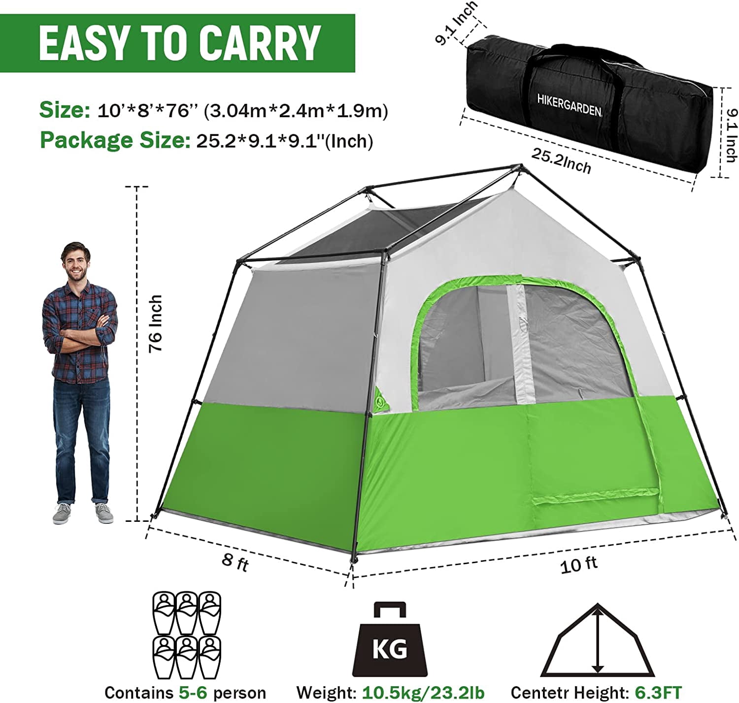 HIKERGARDEN 6 Person Camping Tent - Portable Easy Set Up Family Tent for Camp, Windproof Fabric Cabin Tent Outdoor for Hiking, Backpacking, Traveling